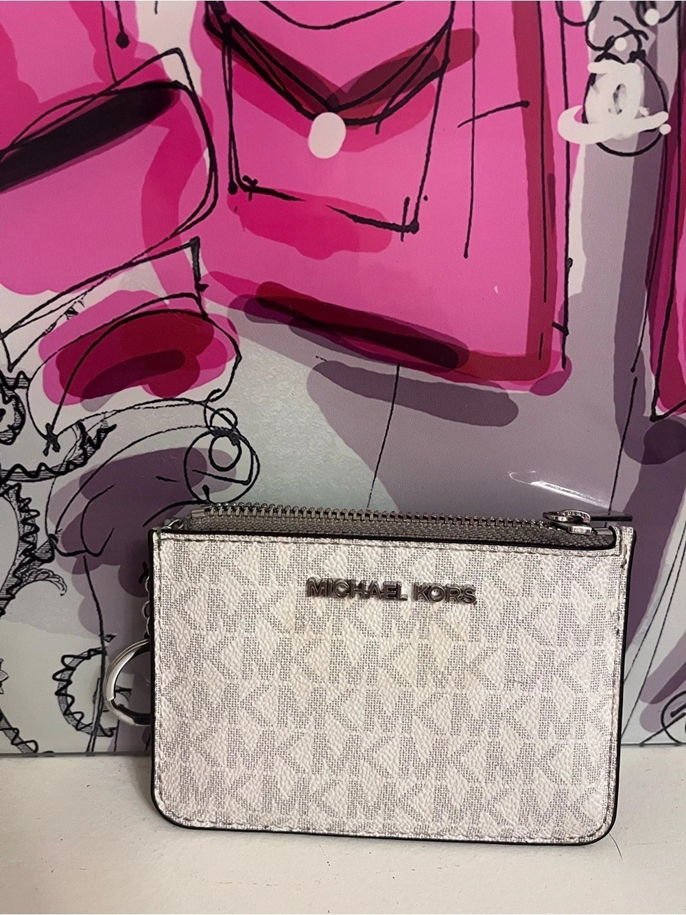 Michael Kors Signature Top Zip Coin Pouch ID Card Case Key Ring Wallet White/Gra